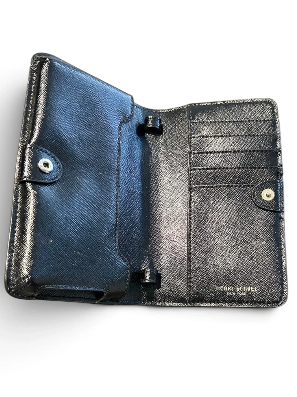 Henri Bendel RARE Black Saffiano Leather Floral Appliqué Phone Wallet NWOT
